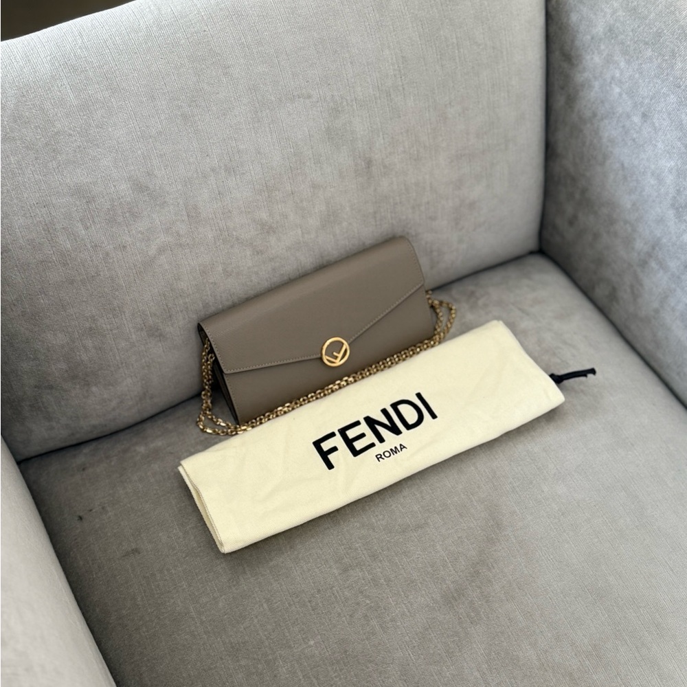 Fendi Taupe Leather Clutch with Gold Chain